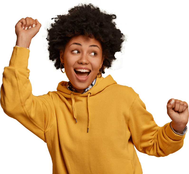 Happy woman in yellow hoodie